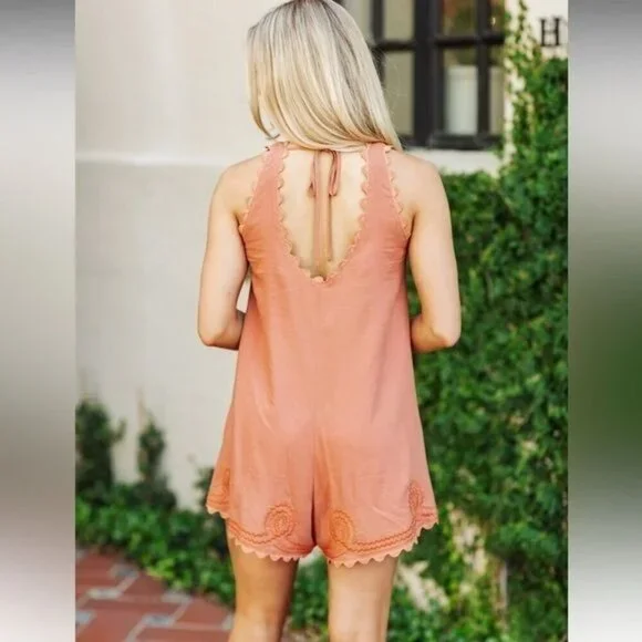 J.Marie Collections womens The Austin Romper S, M, L Burnt Orange scalloped - Picture 6 of 6